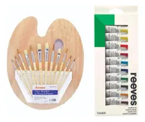 Comprar Kit Paleta Pintor 24x30 + 12 Pinceles + 12 Pinturas Reeves 