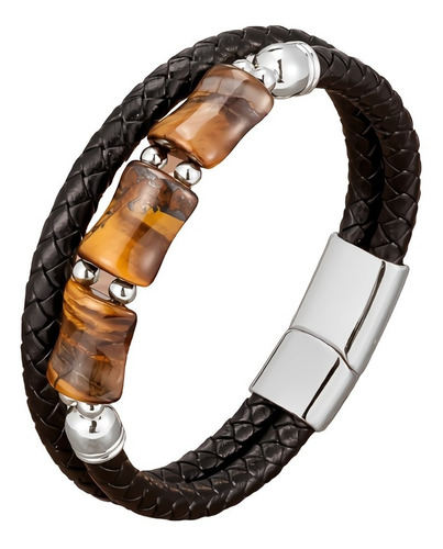 Pulsera Brazalete Trenzada Cuero Piedra Ojo De Tigre Hombre