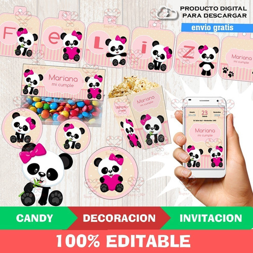 Kit Imprimible Osito Panda Mod 2 Editable