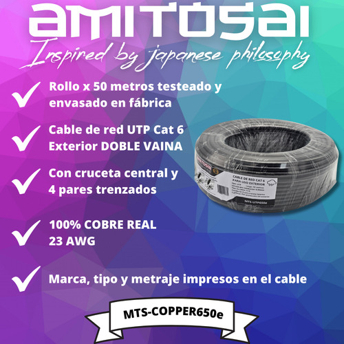 Cable De Red Utp Rollo 50m 100% cobre Cat6 Negro Para Exterior Doble Vaina Con Filtro Uv Apto Intemperie Mts-copper650e Amitosai línea COPPER