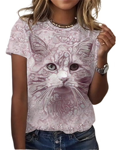 Camiseta Con Gráfico Floral De Cara De Gato