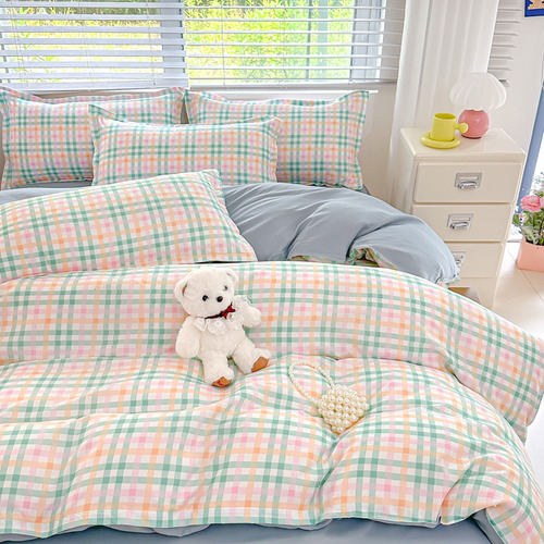 1 Juego De Sábanas Con Estampado A Cuadros, Juego De Cama Ta
