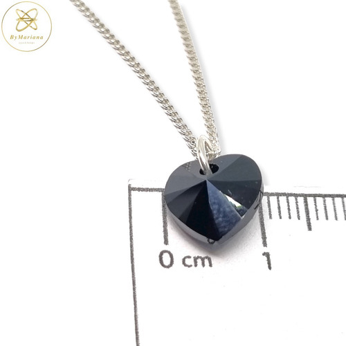 Imagen 6 de 7 de Cadena Plata + Dije Corazon Cristal Swa Negro 10 Mm