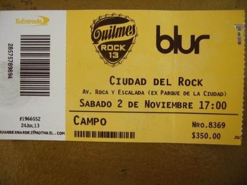 Entrada Original Blur Noviembre 2013 Ticket Coleccion