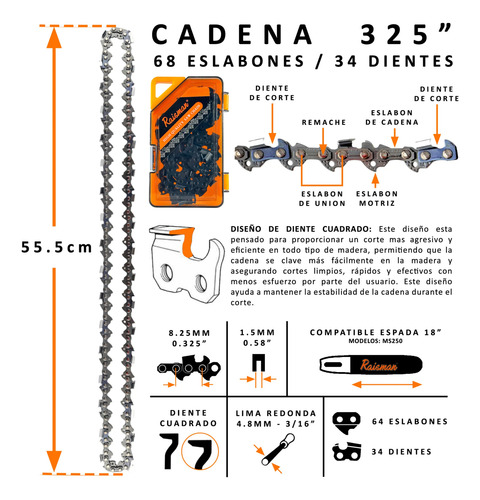 Cadena Raisman® Para Stihl Ms250 325 0.58 34 Dientes 18puLG