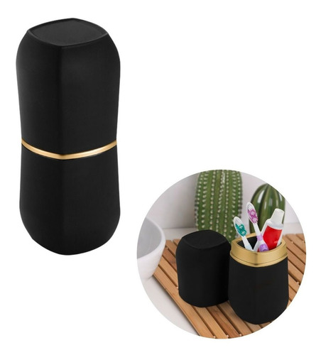 Porta Escovas Pasta Dente Com Tampa Dental Creme Dispenser Cor Preto/Dourado