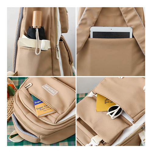 Juego Mochila Set 3 Alta Calidad Escolar Laptop Estudiante Linda Abeleza Ab-13 Color Caqui