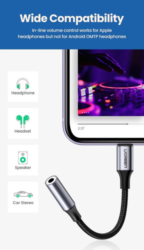 Imagen 5 de 10 de Adaptador Lightning A 3.5mm Jack Audio Mfi iPhone Ugreen