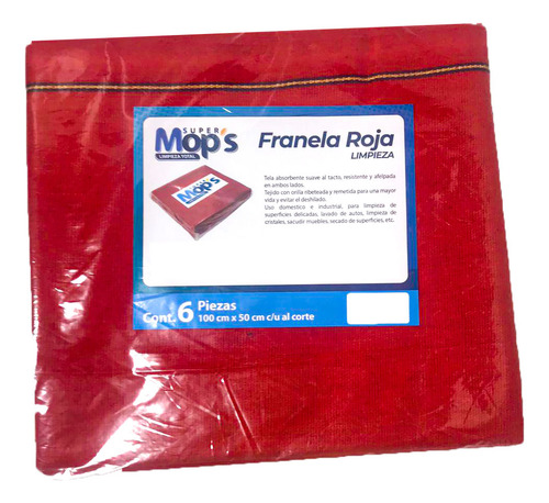 Franela Super Mops, Roja, 100x50 Cms, 6 Pzas.
