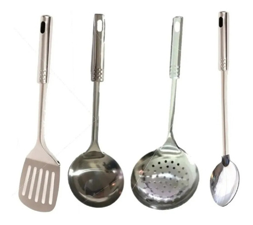 Juego 4 Utensillos Cocina Acero Cucharon Espumadera Espatula