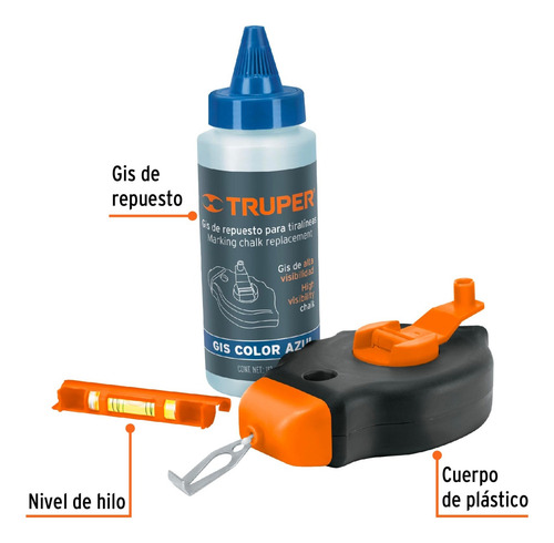 Tiralíneas Gis Color Azul 30m Y Mini Nivel Truper