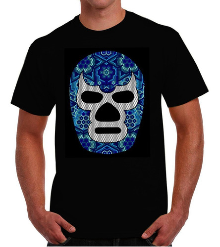 Playera Mascara Lucha Mexicana Blue Demon En Arte Huichol