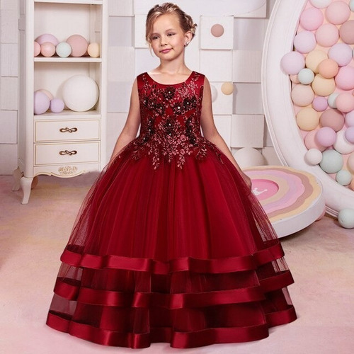 Vestido De Niña De Fiesta Mini-mi Modelo Malena Bordó