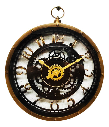 Relógio De Parede Analógico Dourado Com Maquinário Exposto