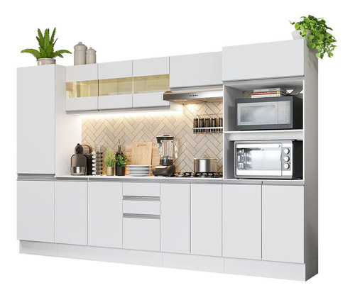 Armário De Cozinha Completa Modulada com Balcão para Cooktop 100% Mdf 300 Cm Smart Madesa 01 Cor Branco XMGRSM300001