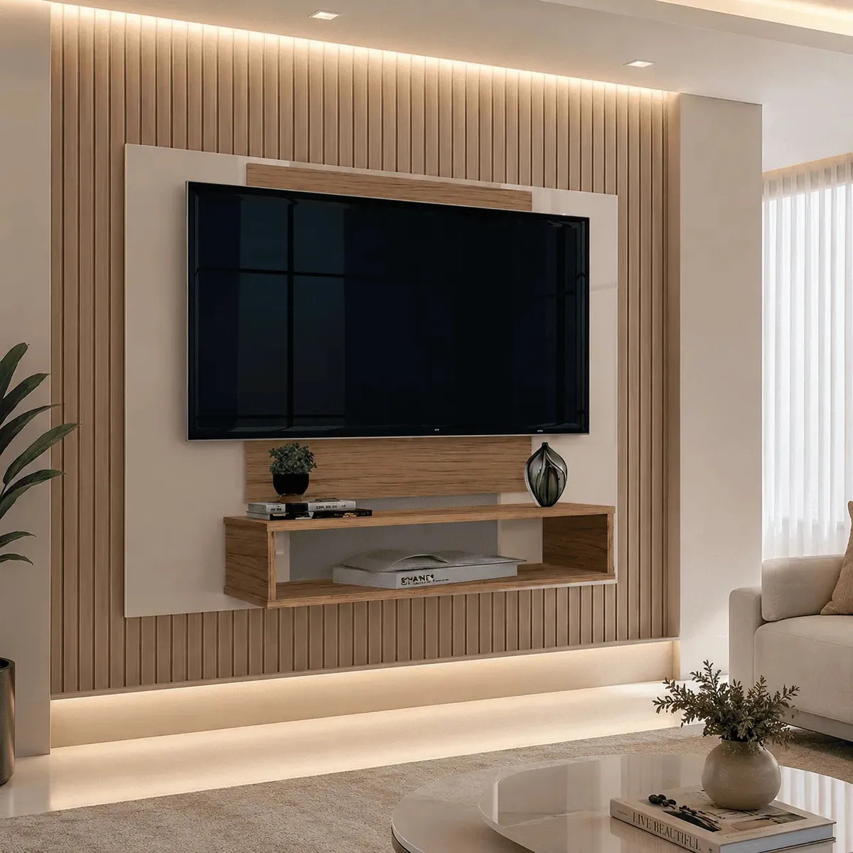 Painel Para TV 50" Retrô Casa Móveis Off White Com Freijó