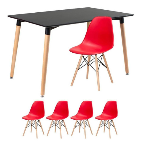 Kit Mesa Jantar Eames Retangular 120 X 80 Cm 4 Cadeiras Dsw Cor da tampa Mesa preto com cadeiras vermelho