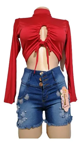 Conjunto Shorts Jeans Y Blusa Crop Top Para Dama Mujer