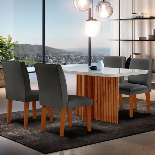 comprar Sala De Jantar Mesa Olimpia 120 Vidro Canto Copo 4 Cadeiras Tampa Off White Com Tec. Grafite