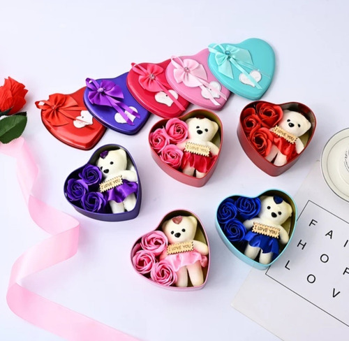 5 Piezas Corazon Metalico 3 Rosas De Jabón Y Oso Mayoreo