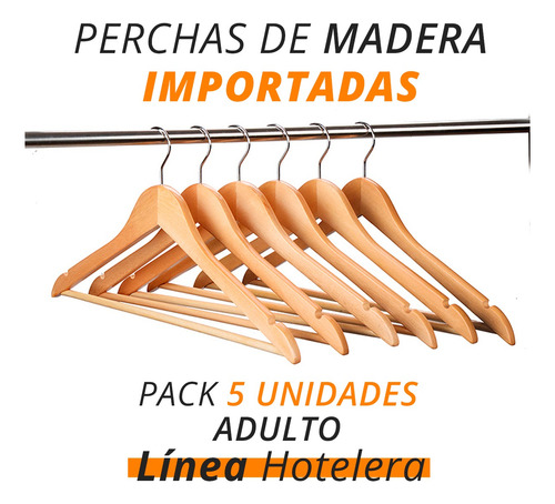 Pack 5 Perchas De Madera Lustrada Importada Premium Hotel