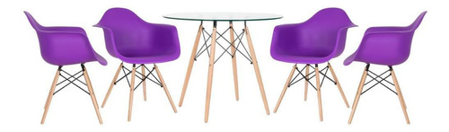 Kit Mesa Eames Wood 90 Cm Tampo Vidro  4 Cadeiras Daw Cor da tampa Roxo