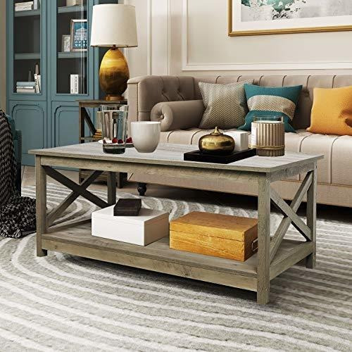 Farmhouse Moderna Mesa De Café De Madera Con Estante De 2 Ni