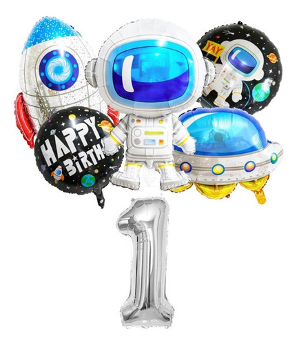 Kit 6 Balão Metalizado Astronauta Estrela Espacial Nasa Fest Cor Cinza