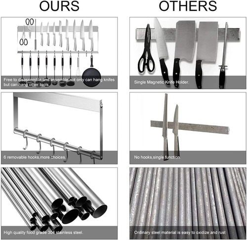 Imagen 3 de 8 de Kit Soporte Porta Cuchillos De Pared Magnetico Con Ganchos