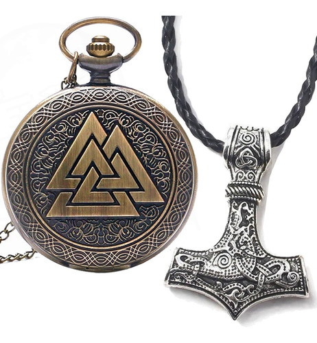 Kit Relógio De Bolso Valknut Nó Dos Mortos + Chaveiro Thor