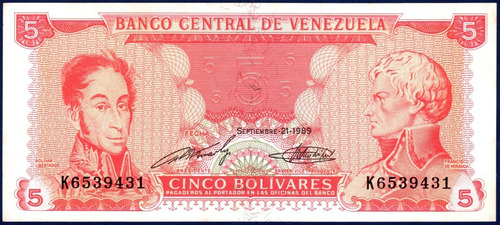 Billete 5 Bolívares K7 Septiembre 21 1989 Bolívar Y Miranda