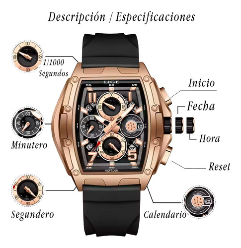 Reloj Pulsera Lige 89110 Hombre Elegante Negro Dorado