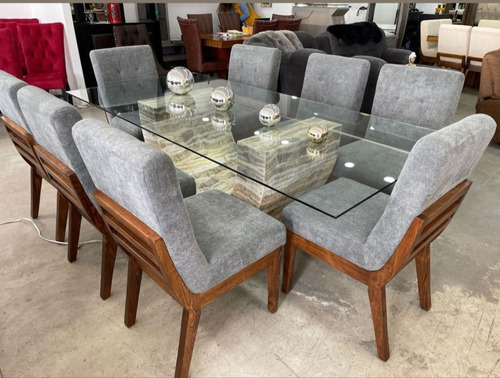 Comedor Roma 8 Sillas Cubierta De Cristal Base U Onix Diseño De La Tela De Las Sillas