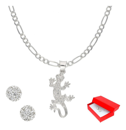 Cadena Y Dije De Lagartija Pavé Juego De Plata + Color Plateado