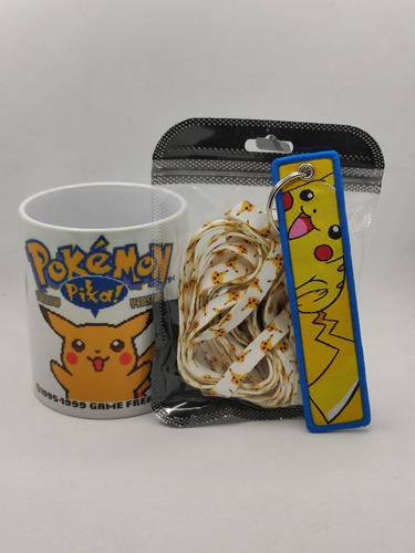 Imagen 2 de 2 de Taza Pokemon Pikachu Más Cordones Y Llavero Pikachu