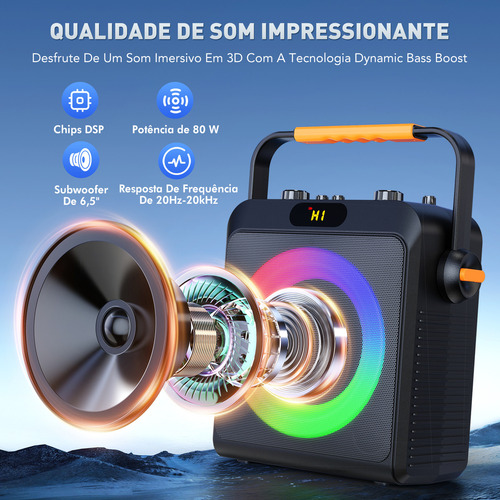 Caixa Som Portátil Bluetooth Con Microfone Amplificada, TWS para Som Estéreo Hi-Fi Luzes RGB para Casa, Festa e Uso Externo