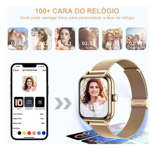 Relógio inteligente Mertto com tela HD de 1,83 polegadas, IP67 à prova d'água, esportivo, dourado, com Bluetooth, chamadas, calculadora, jogo e assistente de voz.