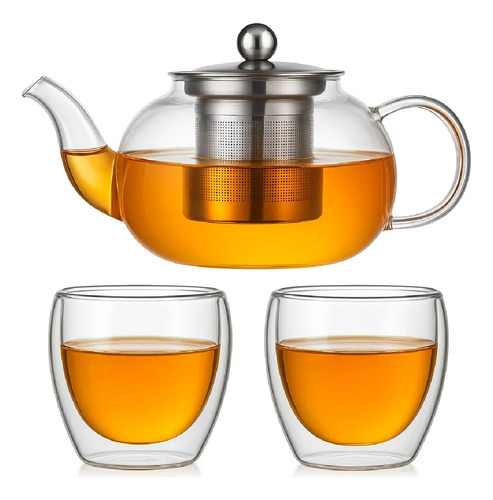 Tetera Vidrio Infusor Acero Tapa 800ml 2 Vasos Termicos Veoquiero