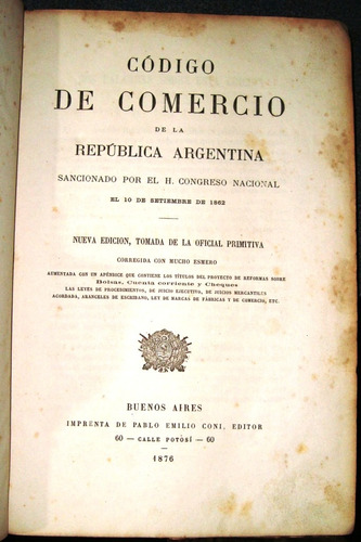 Codigo Comercio Argentino 1876 Ed.completo Impr.coni Excel.