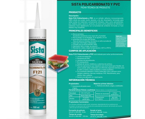 Imagen 3 de 6 de Silicon Policarbonato Y Pvc Transp Sista F121 300ml 15201365
