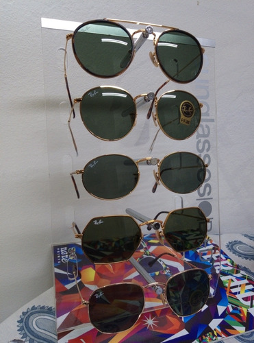 Anteojos de sol Ray-Ban Round Hexagonal Flat Lenses Mediano con marco de acero color gold, lente green de cristal clásica, varilla gold de acero - RB3548N