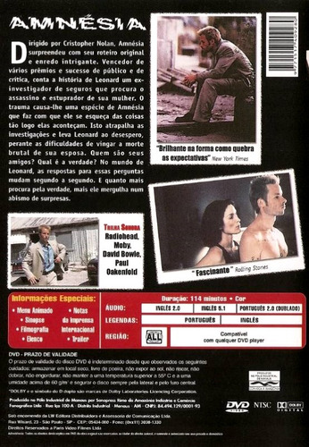 Dvd - Amnésia - ( Memento ) Edição Com Duas Versões Do Filme