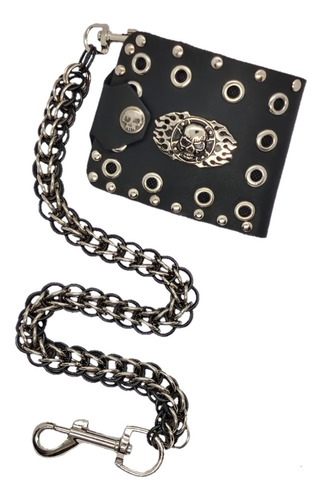 Cartera De Piel Rock Metal Cadena Biker Chopper Skull