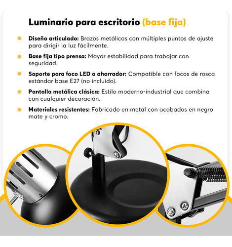 Lampara De Escritorio Con Base Fija Negra Adir 4732 Negro Negro