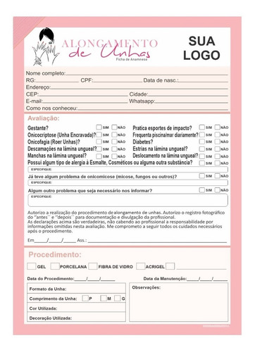Imagem 2 de 5 de Ficha Anamnese Alongamento De Unhas+cuidados 100fls C/ Logo