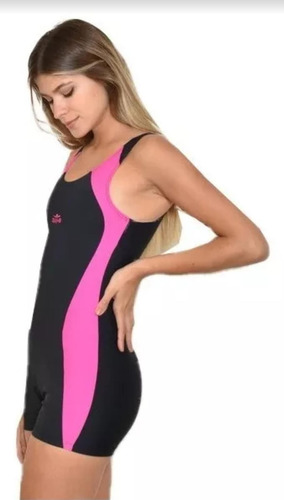 Malla Natación Mujer, Enteriza Short Negro/fucsia 7