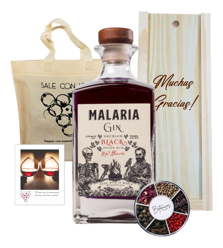 Box Gin Malaria Black + Botanicos + Estuche Madera Grabado 