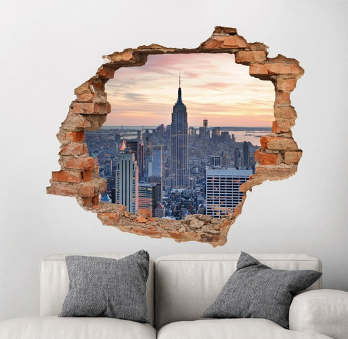 Vinilo Decorativo New York Muro Roto Paisaje Manhattan Color Multicolor