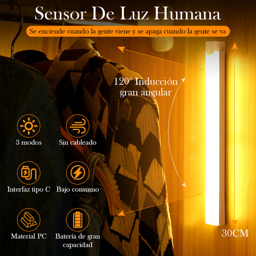 Time4buy 6pzs Con Sensor Movimiento 30cm Luz Led Clóset Usb 3000k, Luz Con Sensor Inteligente, Modo De Sensor Multifunción