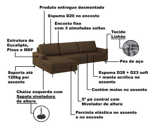 Sofá 274cm Linhão Marrom Preto Loft Com Chaise Esquerda